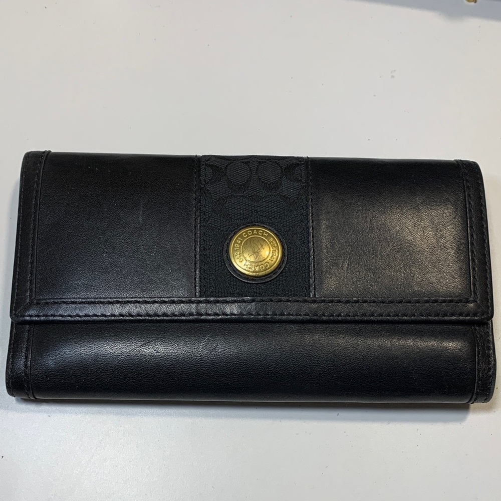 Coach Black Leather Wallet with Gold Emblem